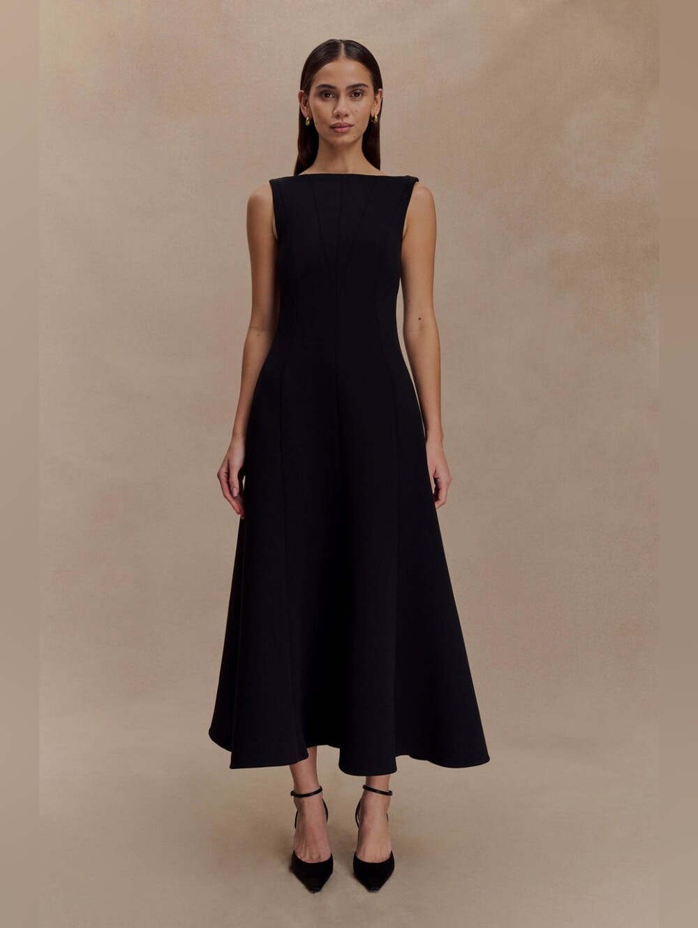 Meshki Callista Crepe A-Line Midi  boat neck Black Dress - Large NWT